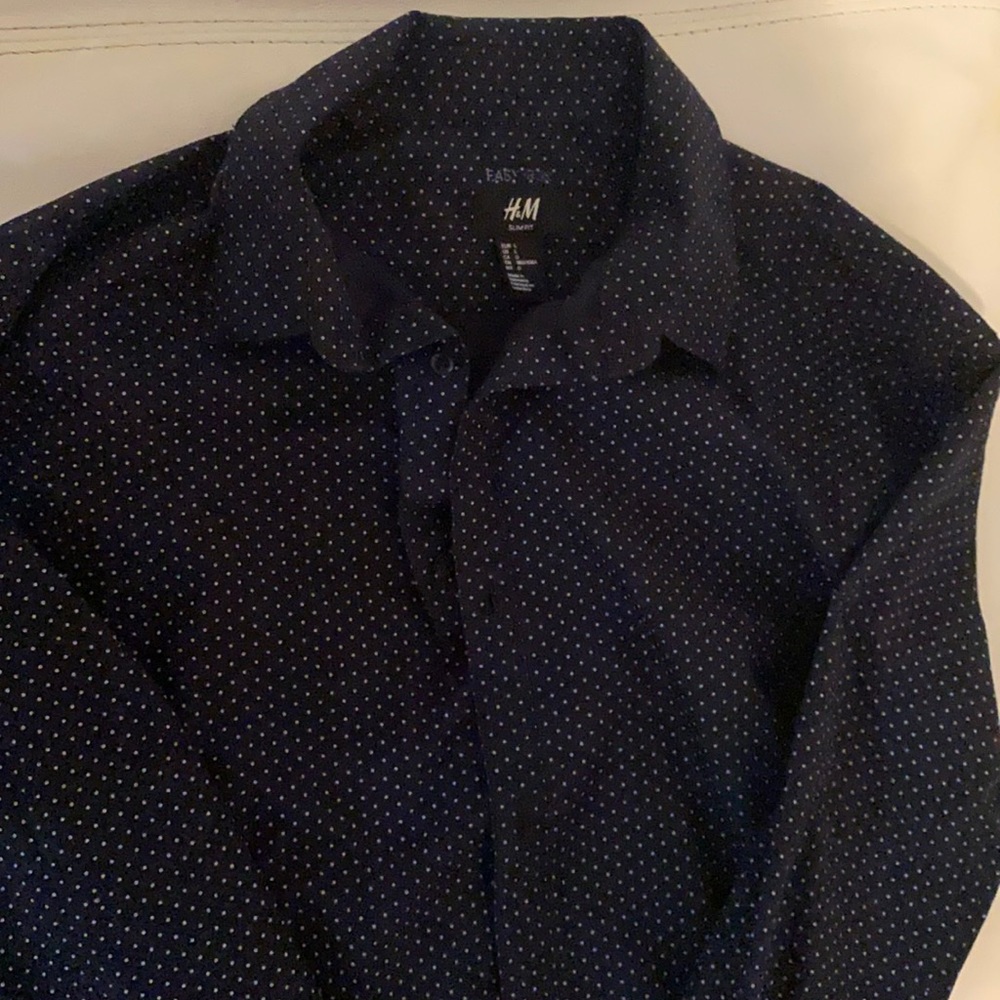 Blue button down with polka dots , tailored to fit like M and slim fit.